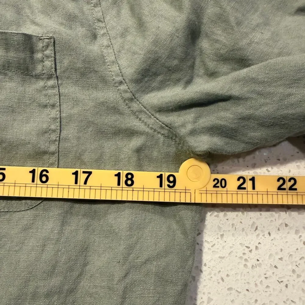 St Tropez West Olive Green 100% Linen Utility Jacket Large Coastal Safari Chic